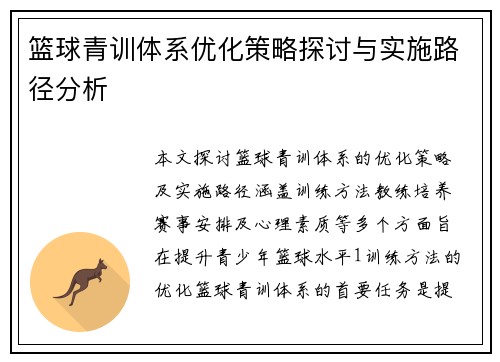 篮球青训体系优化策略探讨与实施路径分析