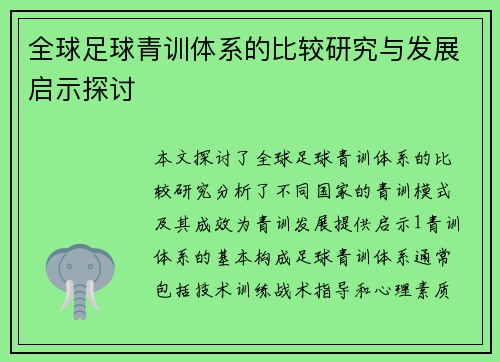 全球足球青训体系的比较研究与发展启示探讨