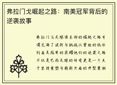 弗拉门戈崛起之路：南美冠军背后的逆袭故事
